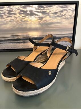 Tommy Hilfiger Black Open-Toe Espadrille Wedges.  Size 9.5